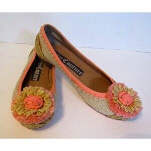 Juicy Couture Rayna Ballet Flats Y2K Straw Twill Floral Embellished Womens 6.5 M
